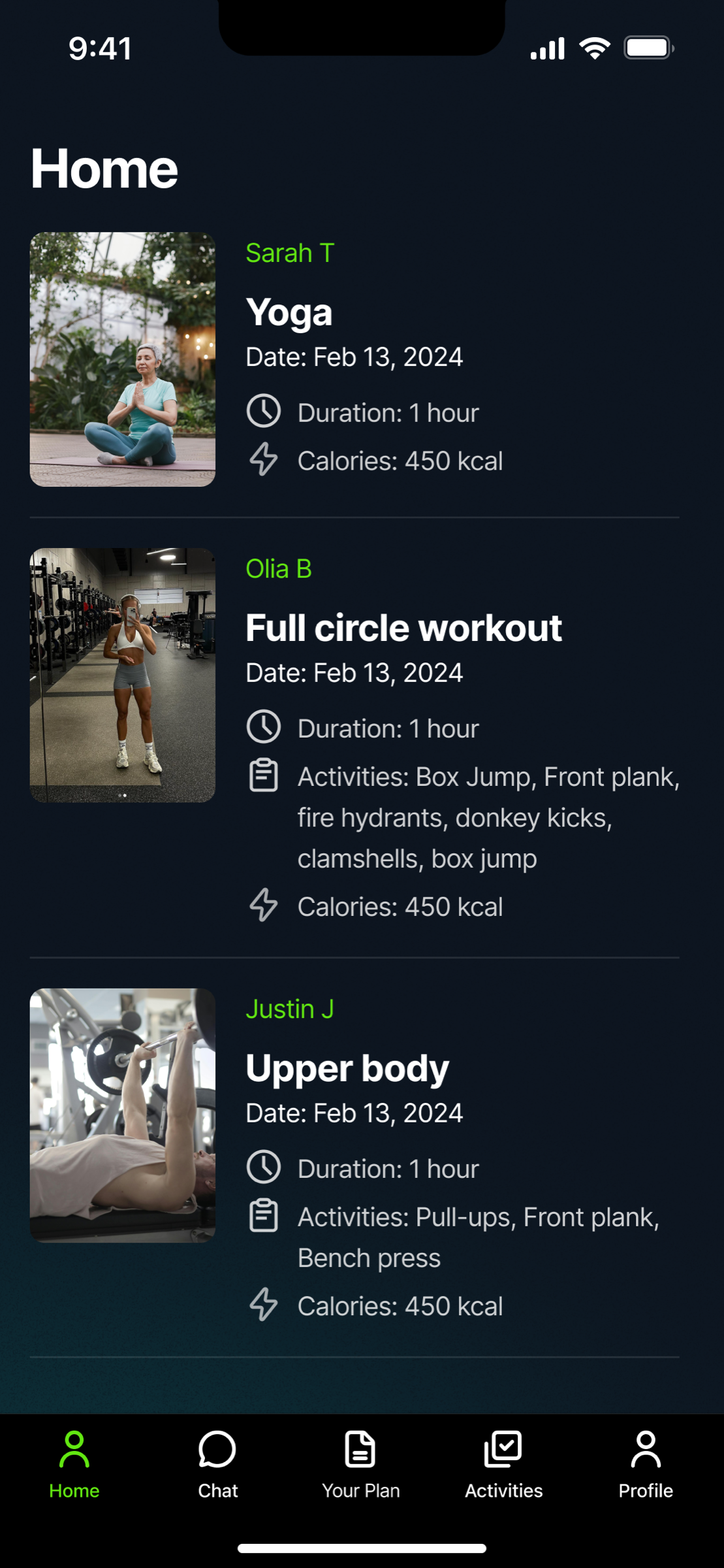 The Kiwi app's home feed with friends' logged workouts: yoga, a full-body workout and an upper-body session