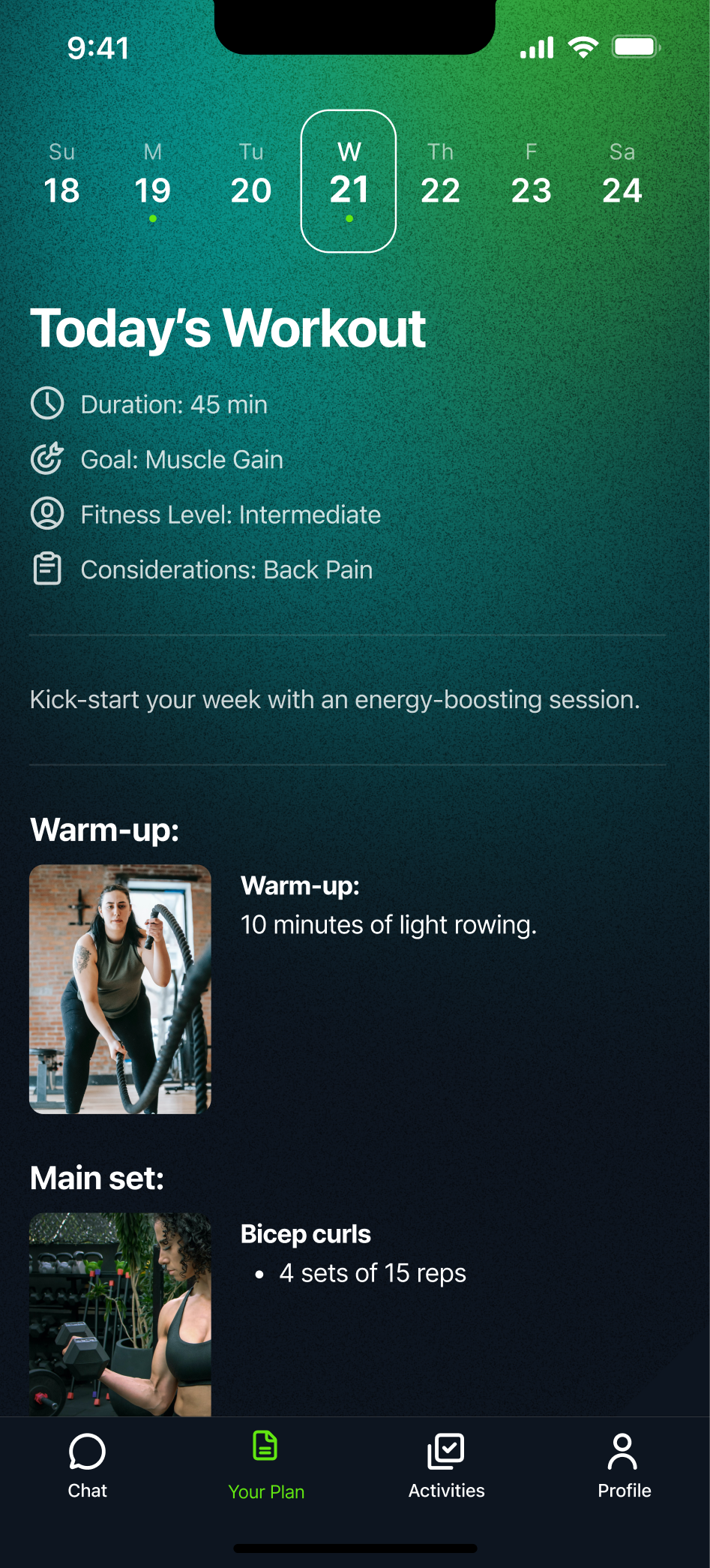 Today's workout in the Kiwi app: 45 minutes for muscle gain at an intermediate level, adjusted for back pain