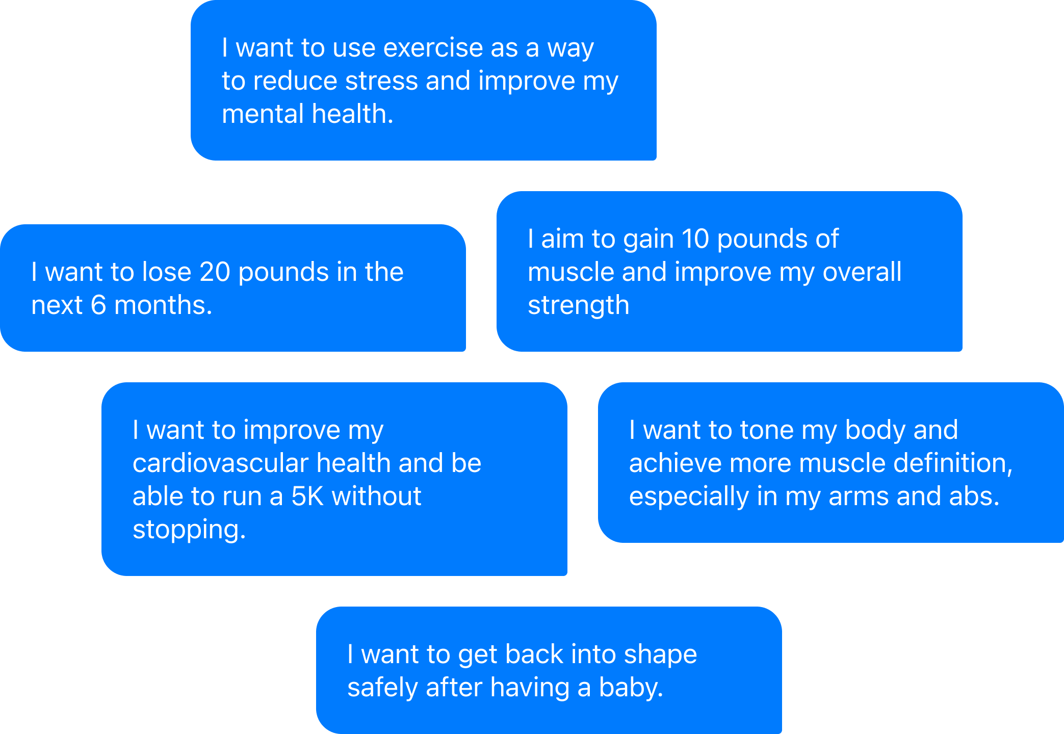 Goals people tell Kiwi, such as losing 20 pounds in six months, gaining 10 pounds of muscle, running a 5K without stopping, easing stress, and getting back in shape after having a baby