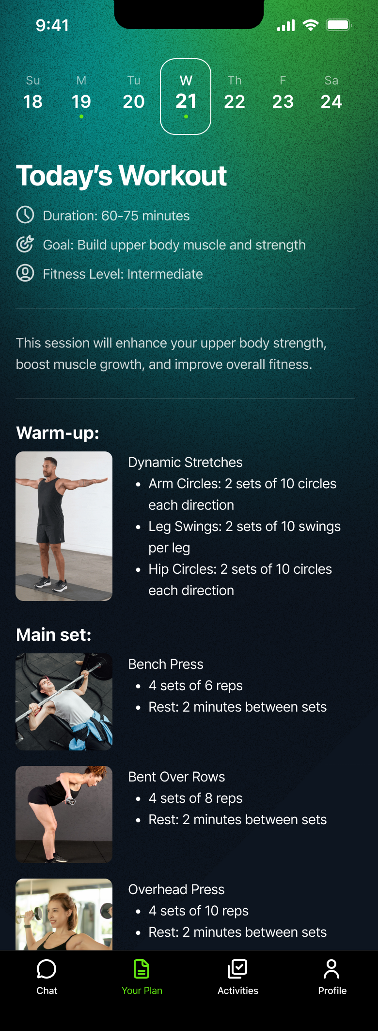 Today's workout in the Kiwi app for building upper-body muscle: dynamic stretches, then bench press, bent-over rows and overhead press