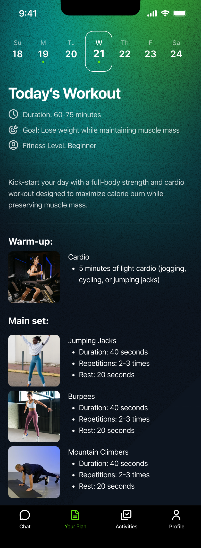 Today's workout in the Kiwi app for losing weight while keeping muscle: light cardio, then jumping jacks, burpees and mountain climbers