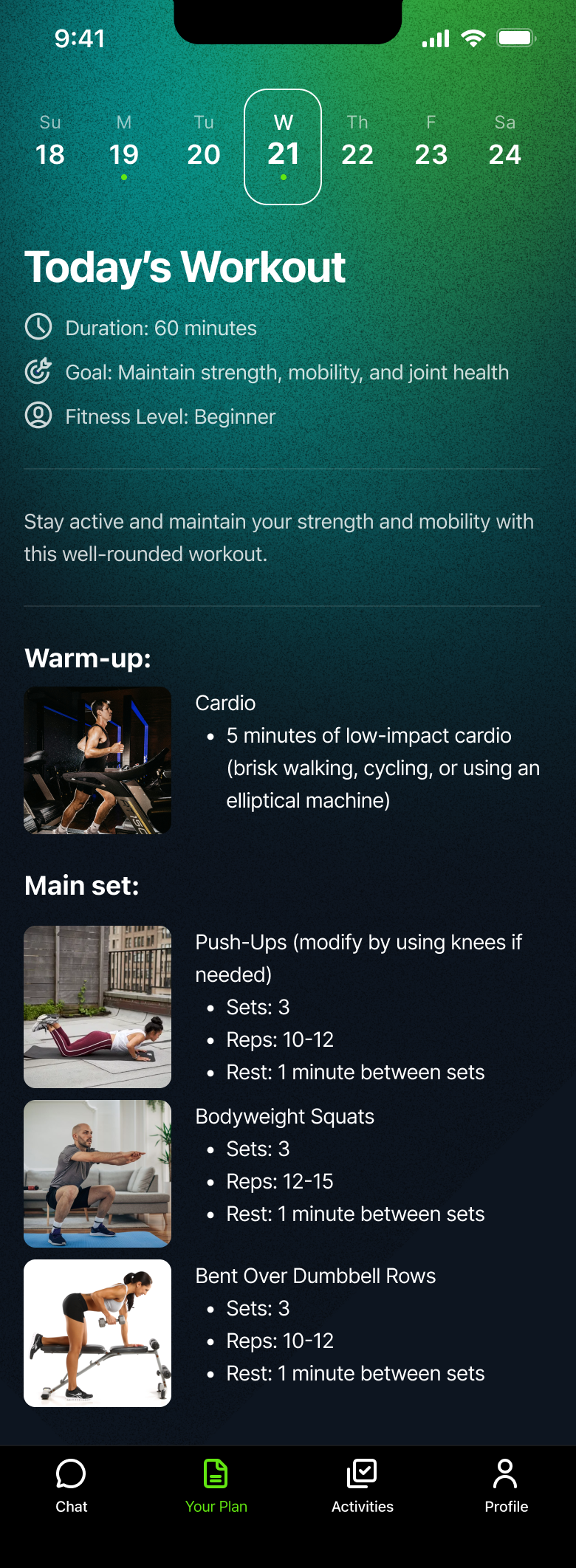 A beginner workout in the Kiwi app for strength, mobility and joint health: low-impact cardio, push-ups, bodyweight squats and dumbbell rows