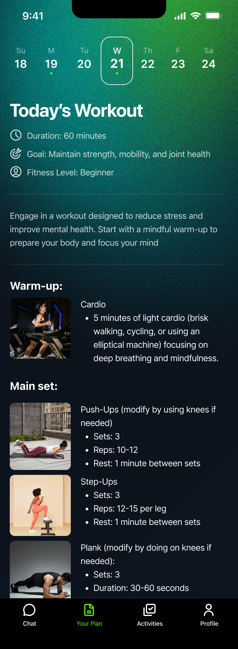 A beginner workout in the Kiwi app to reduce stress: light cardio with deep breathing, then push-ups, step-ups and a plank