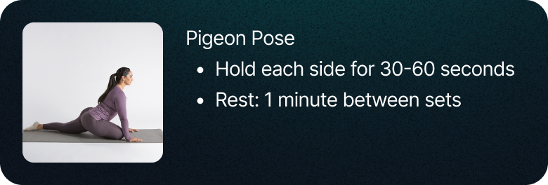Pigeon pose: hold each side for 30 to 60 seconds, with 1 minute of rest between sets