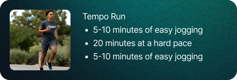 Tempo run: 20 minutes at a hard pace, with 5 to 10 minutes of easy jogging before and after