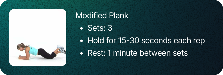 Modified plank: 3 holds of 15 to 30 seconds, with 1 minute of rest between sets