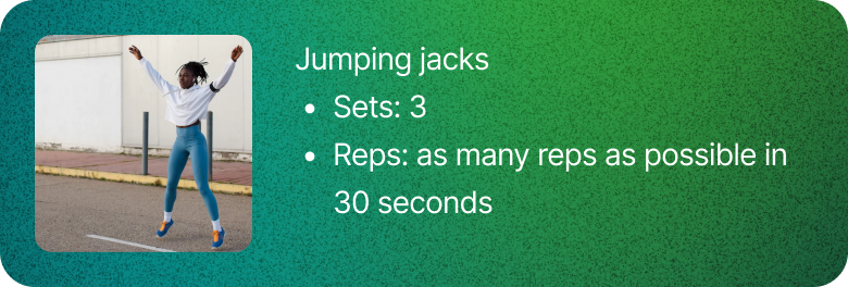 Jumping jacks: 3 sets of as many reps as possible in 30 seconds