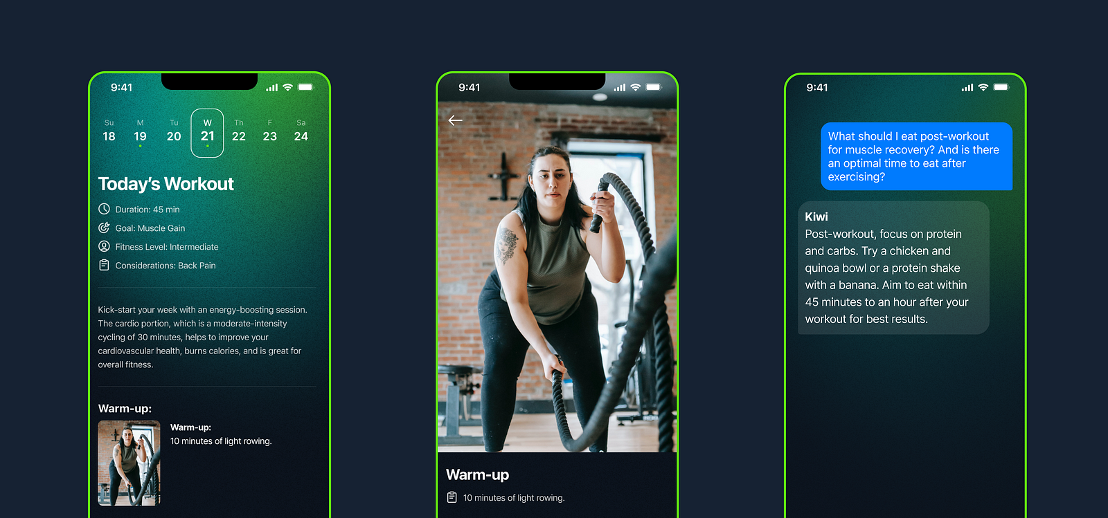 Kiwi app screens showing Today's Workout (45 min, muscle gain, back pain noted), a rowing warm-up, and Kiwi's post-workout meal advice
