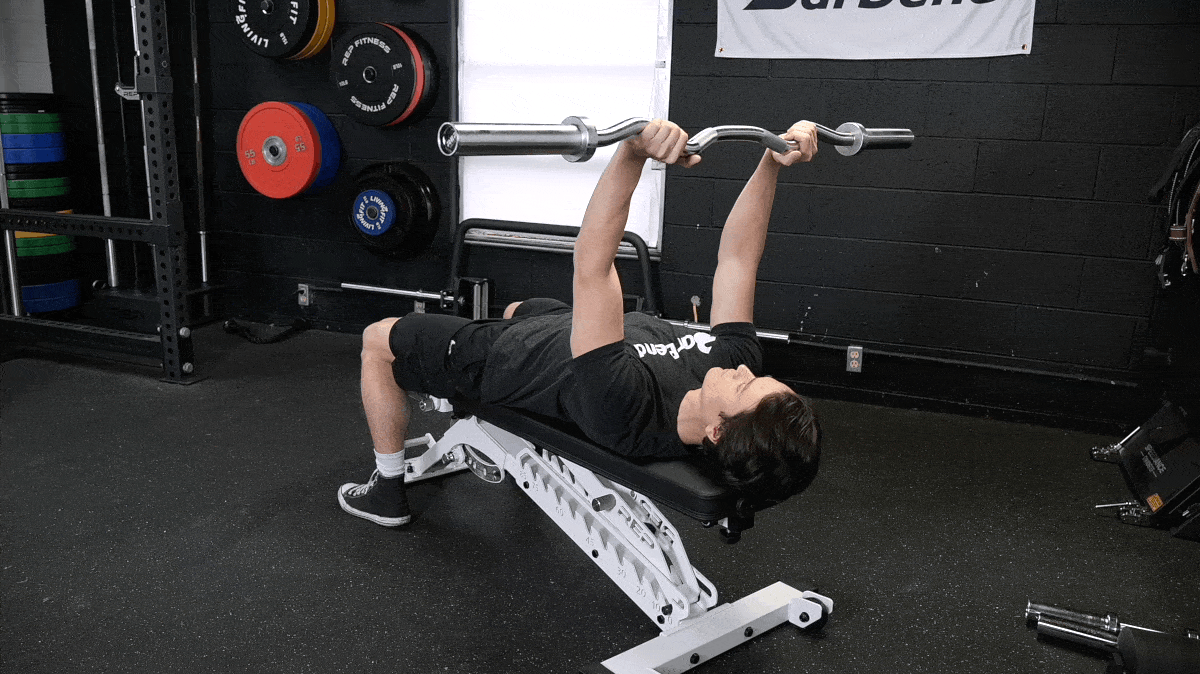 Animation of a man doing barbell skull crushers on a bench, bending his elbows to lower an EZ bar toward his head