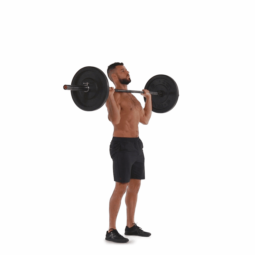 Animation of a man pressing a barbell from his shoulders to overhead, starting with a small knee dip
