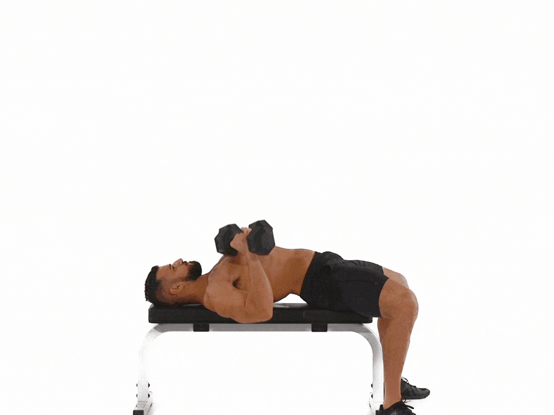 Animation of a man doing a dumbbell bench press on a flat bench, pressing the dumbbells up from his chest and lowering them