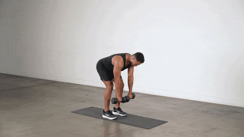 Animation of a man doing bent-over dumbbell rows, hinged at the hips and pulling the dumbbells up to his torso