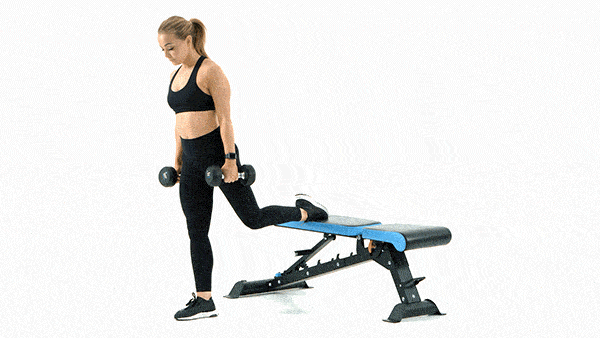 Animation of a woman doing a dumbbell Bulgarian split squat, rear foot on a bench as she lowers into a deep lunge