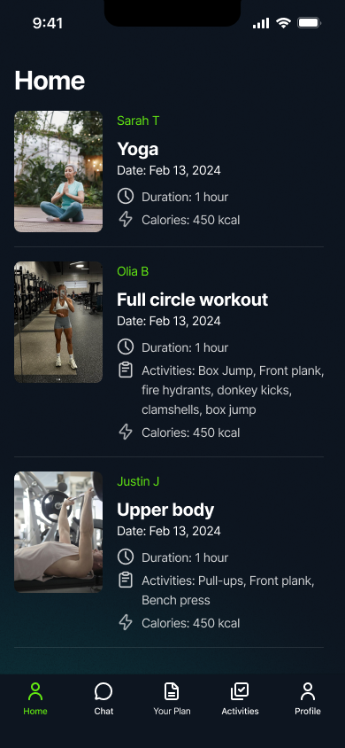 The Kiwi app's home feed with friends' logged workouts: yoga, a full-body workout and an upper-body session