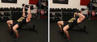 Man doing a dumbbell Tate press on an incline bench, dumbbells pressed up, then lowered toward his chest with elbows flared
