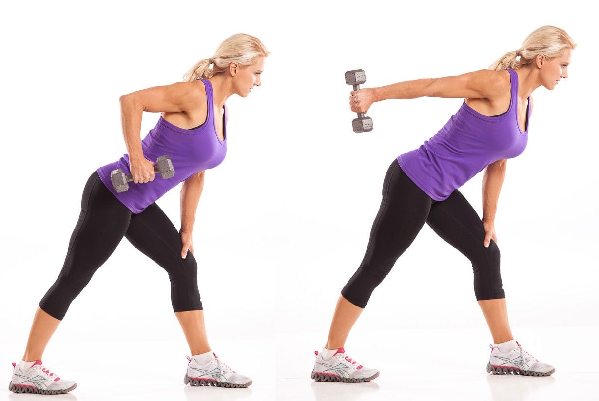 Woman doing a dumbbell triceps kickback, leaning forward with one hand on her knee, elbow bent, then arm straightened back