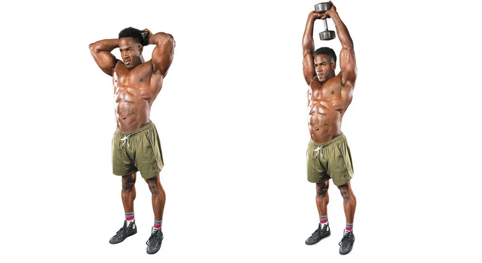 Man doing a standing overhead dumbbell triceps extension, one dumbbell lowered behind his head, then pressed overhead