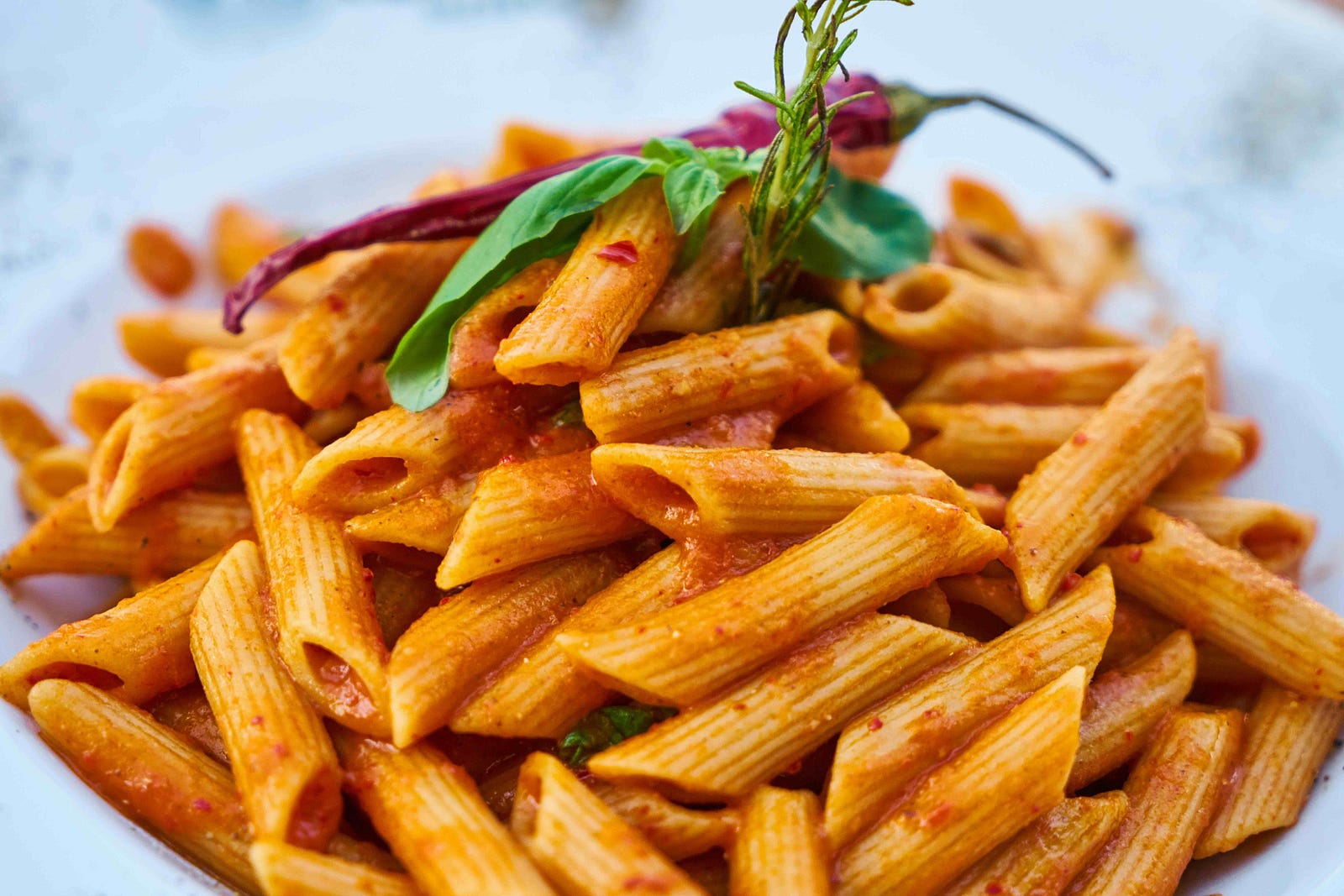 Close-up of penne in tomato sauce, topped with basil, rosemary and a dried chili pepper