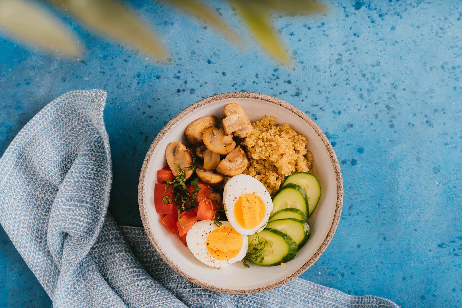 Bowl of quinoa with sautéed mushrooms, diced tomato, sliced cucumber and a halved boiled egg