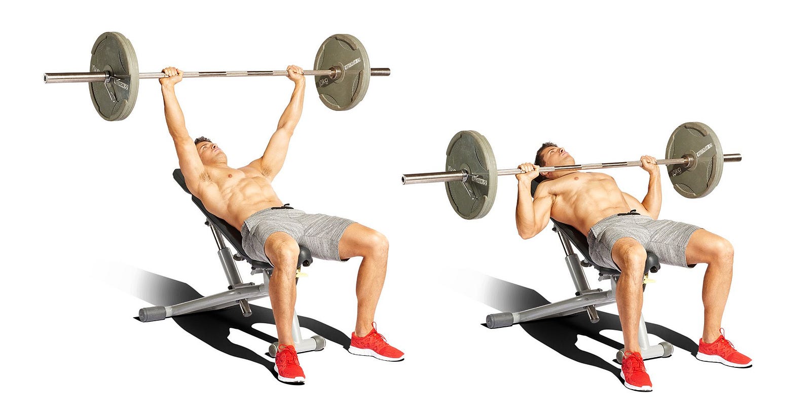 Man doing an incline barbell bench press, arms extended, then the bar lowered to his upper chest