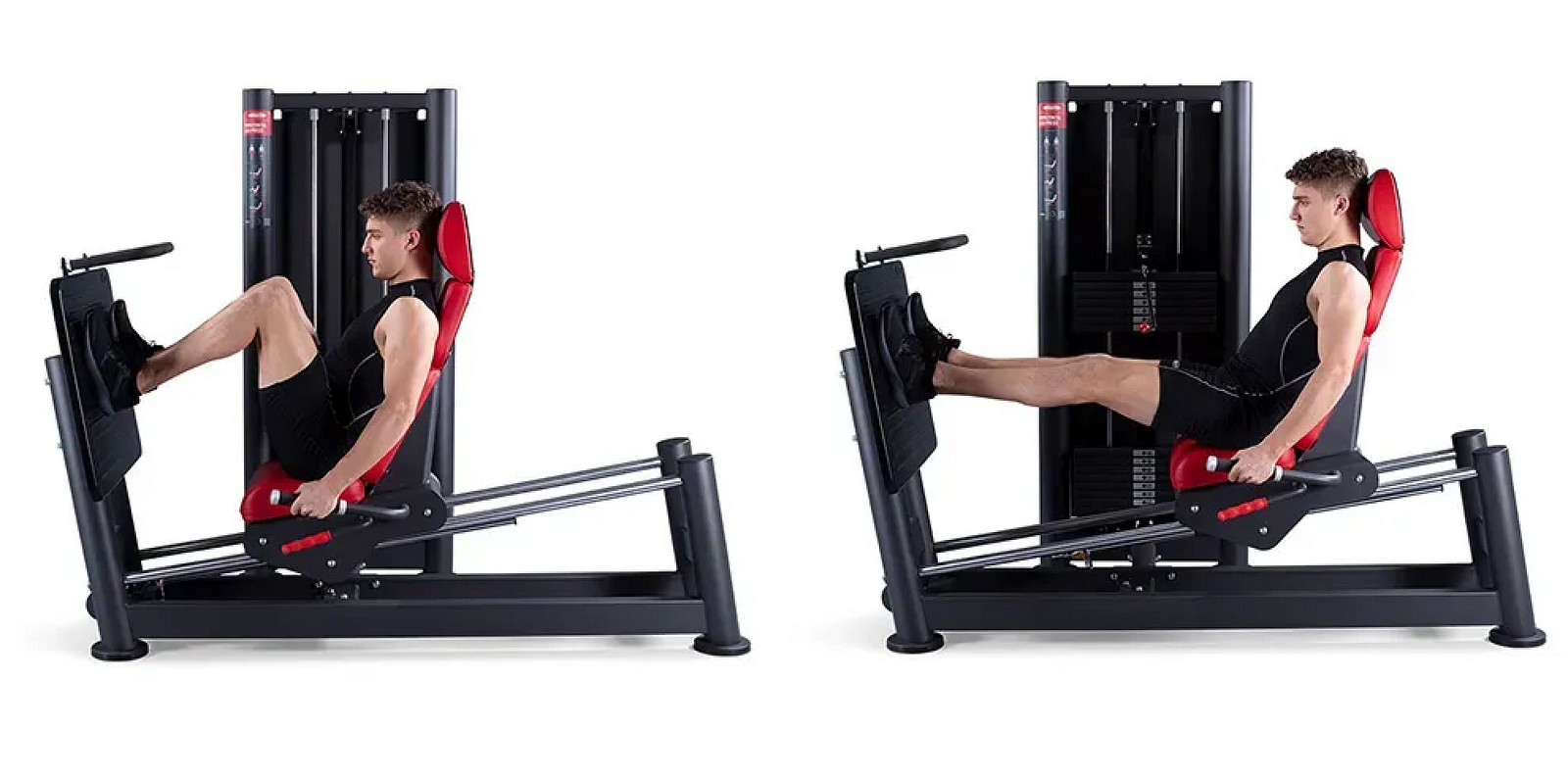 Man on a seated leg press machine, knees bent toward his chest, then legs pressed out straight