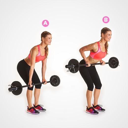 Woman doing a bent-over barbell row: A, hinged forward with the bar at her knees; B, bar pulled to her waist