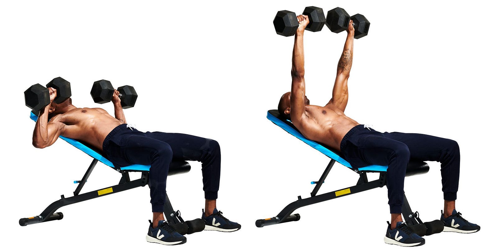 Man doing an incline dumbbell press on an adjustable bench, dumbbells lowered beside his chest, then pressed up