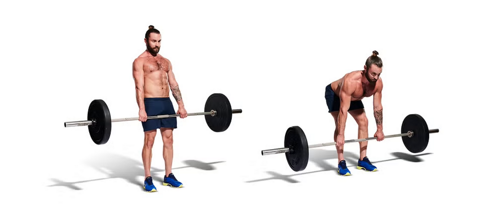 Man doing a barbell deadlift, standing tall with the bar at his thighs, then hinged at the hips with the bar near his shins