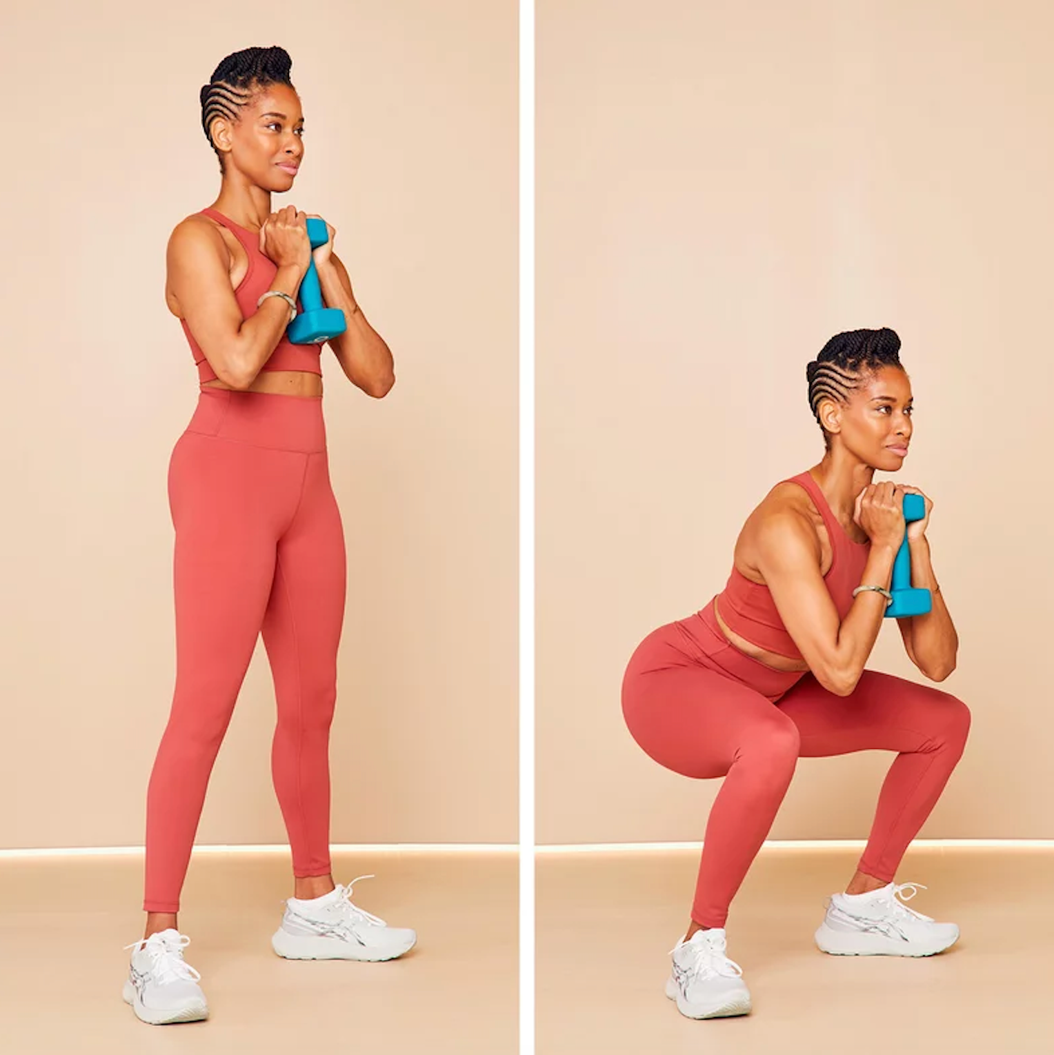 Woman doing a dumbbell goblet squat, holding one dumbbell at her chest, standing and then in a deep squat