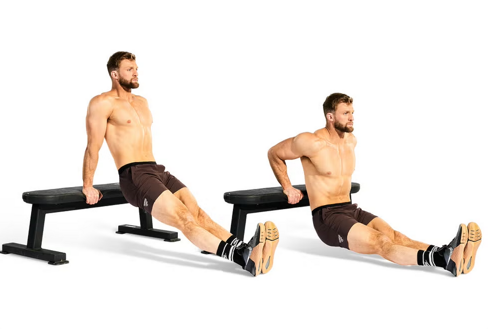 Man doing bench dips, hands on a flat bench behind him and legs straight, shown at the top and bottom