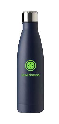 A navy Kiwi Fitness water bottle with the green Kiwi logo