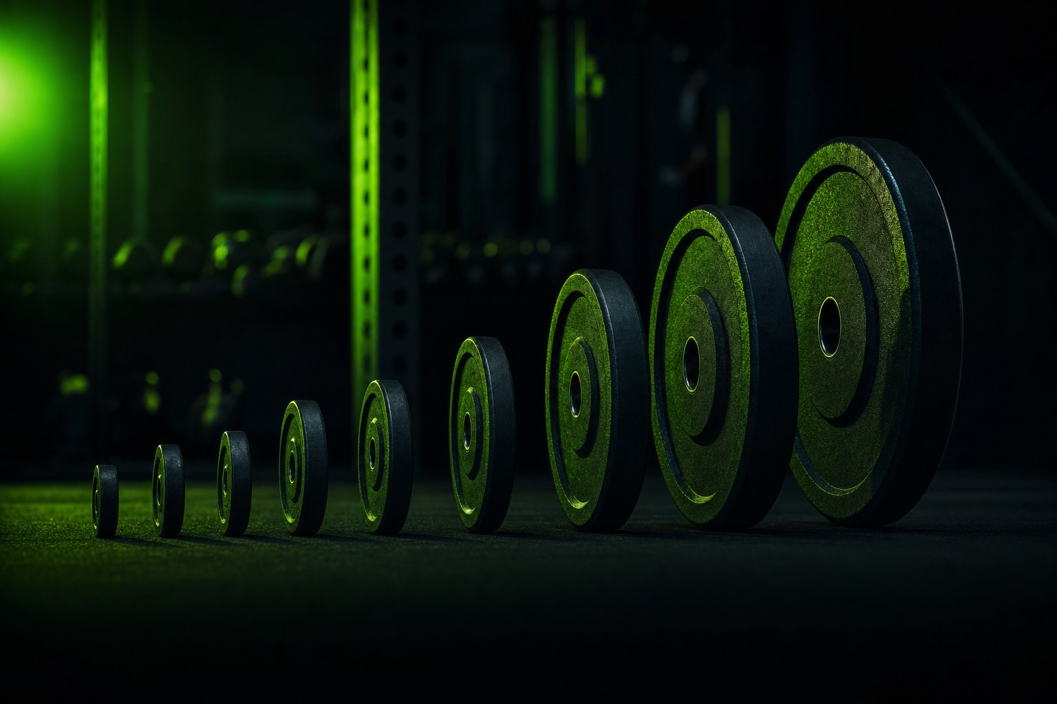 Weight plates standing on edge in a row from smallest to largest, lit green in a dark gym